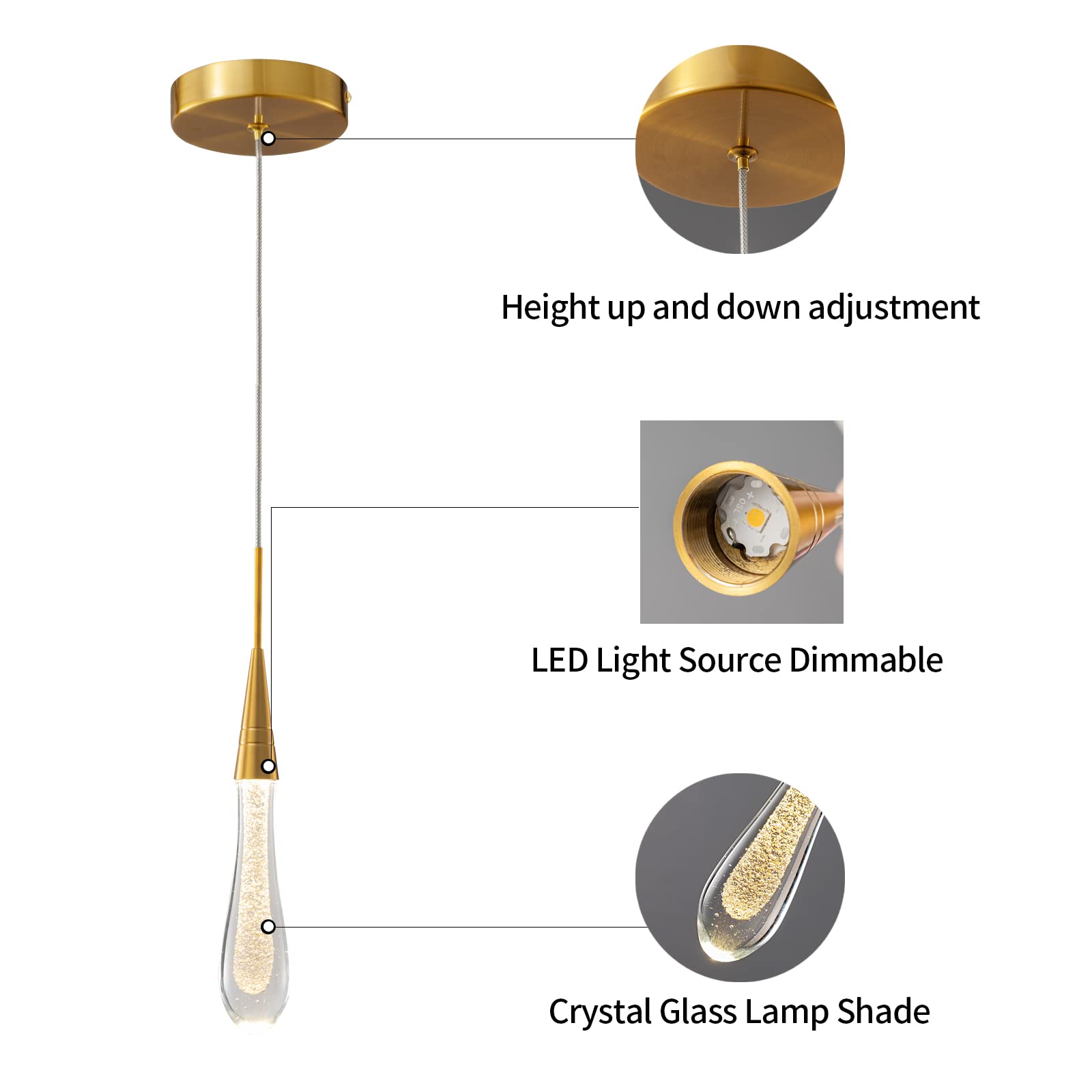 Kitchen Light Fixtures Ceiling Dimmable LED Modern Gold Pendant Light Mini Teardrop Crystal Pendant Light for Kitchen Island Bedroom Hallway Entryway