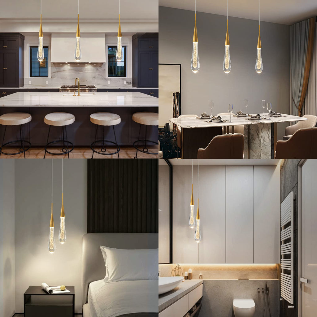 Kitchen Light Fixtures Ceiling Dimmable LED Modern Gold Pendant Light Mini Teardrop Crystal Pendant Light for Kitchen Island Bedroom Hallway Entryway