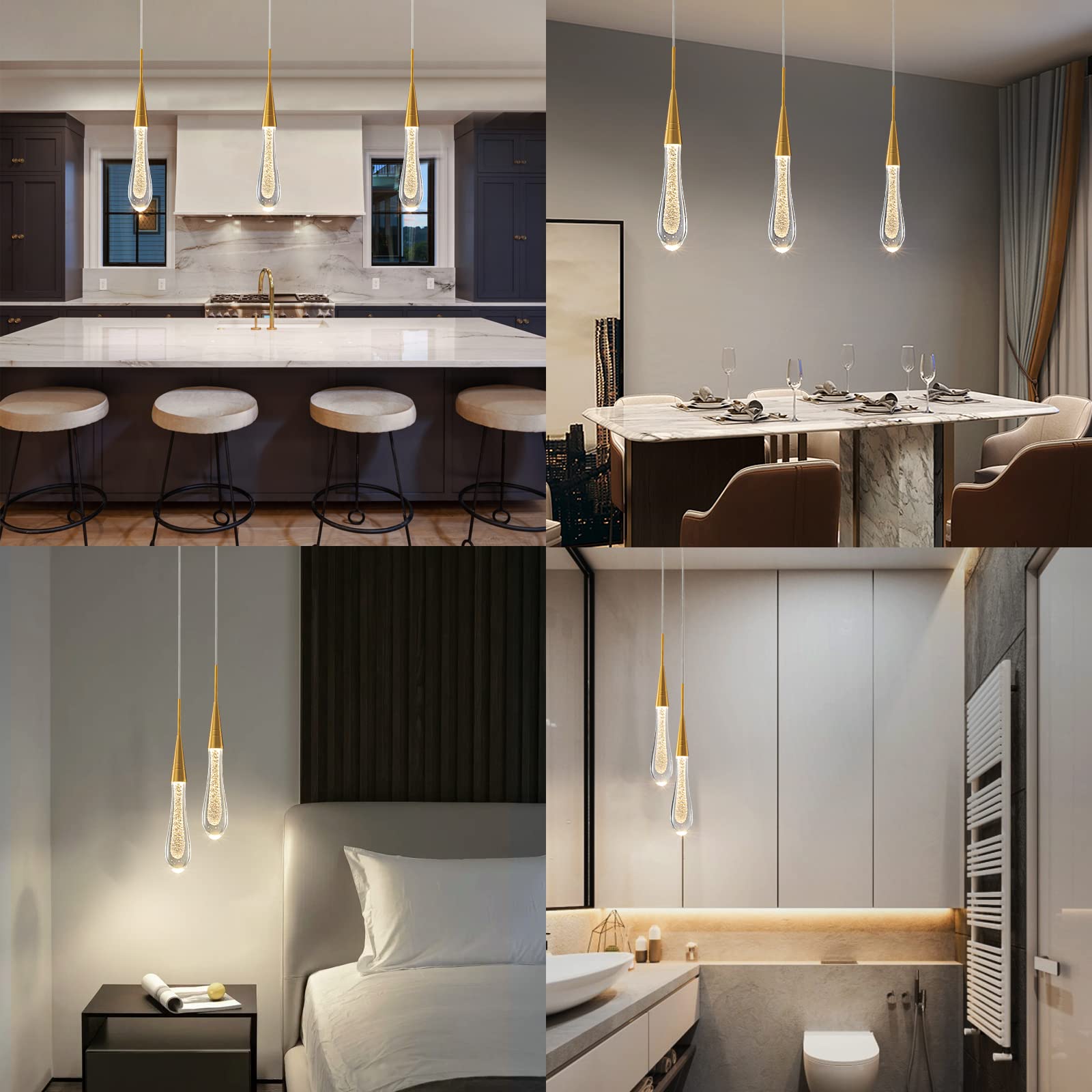 Kitchen Light Fixtures Ceiling Dimmable LED Modern Gold Pendant Light Mini Teardrop Crystal Pendant Light for Kitchen Island Bedroom Hallway Entryway