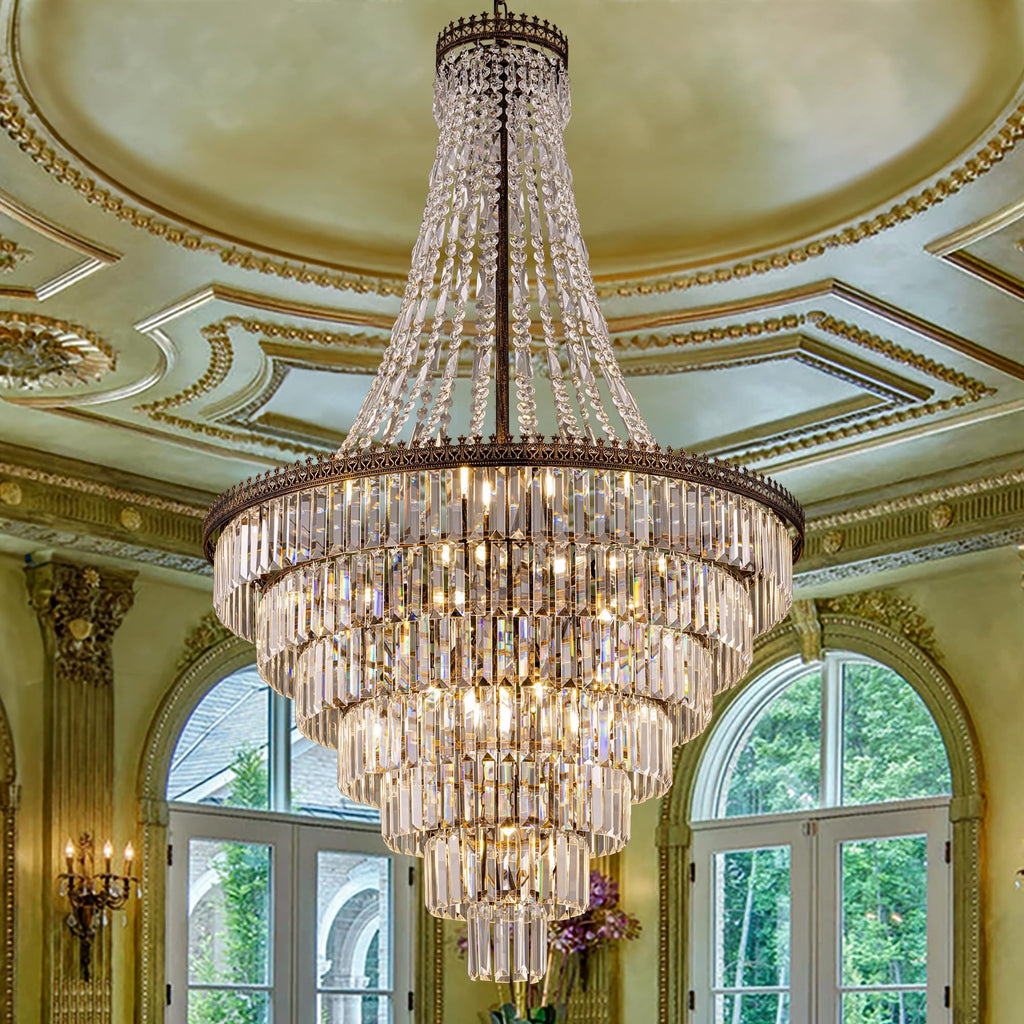 French Empire Crystal Chandelier Modern Farmhouse Chandelier Ceiling Light for Foyer Entryway High Ceiling, Vintage Antique Bronze Chandelier Light Fixture for Dining Living Room 34" W x 58" H