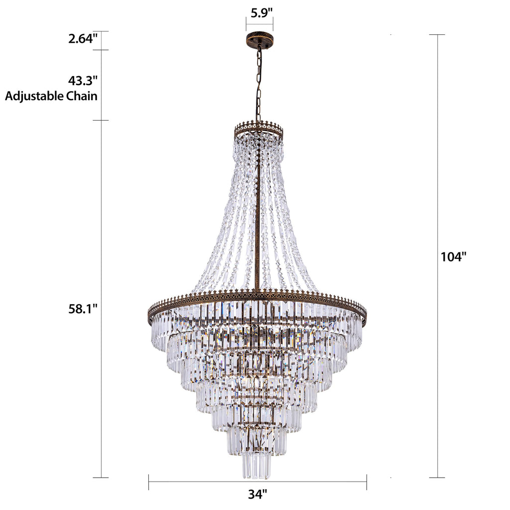 French Empire Crystal Chandelier Modern Farmhouse Chandelier Ceiling Light for Foyer Entryway High Ceiling, Vintage Antique Bronze Chandelier Light Fixture for Dining Living Room 34" W x 58" H