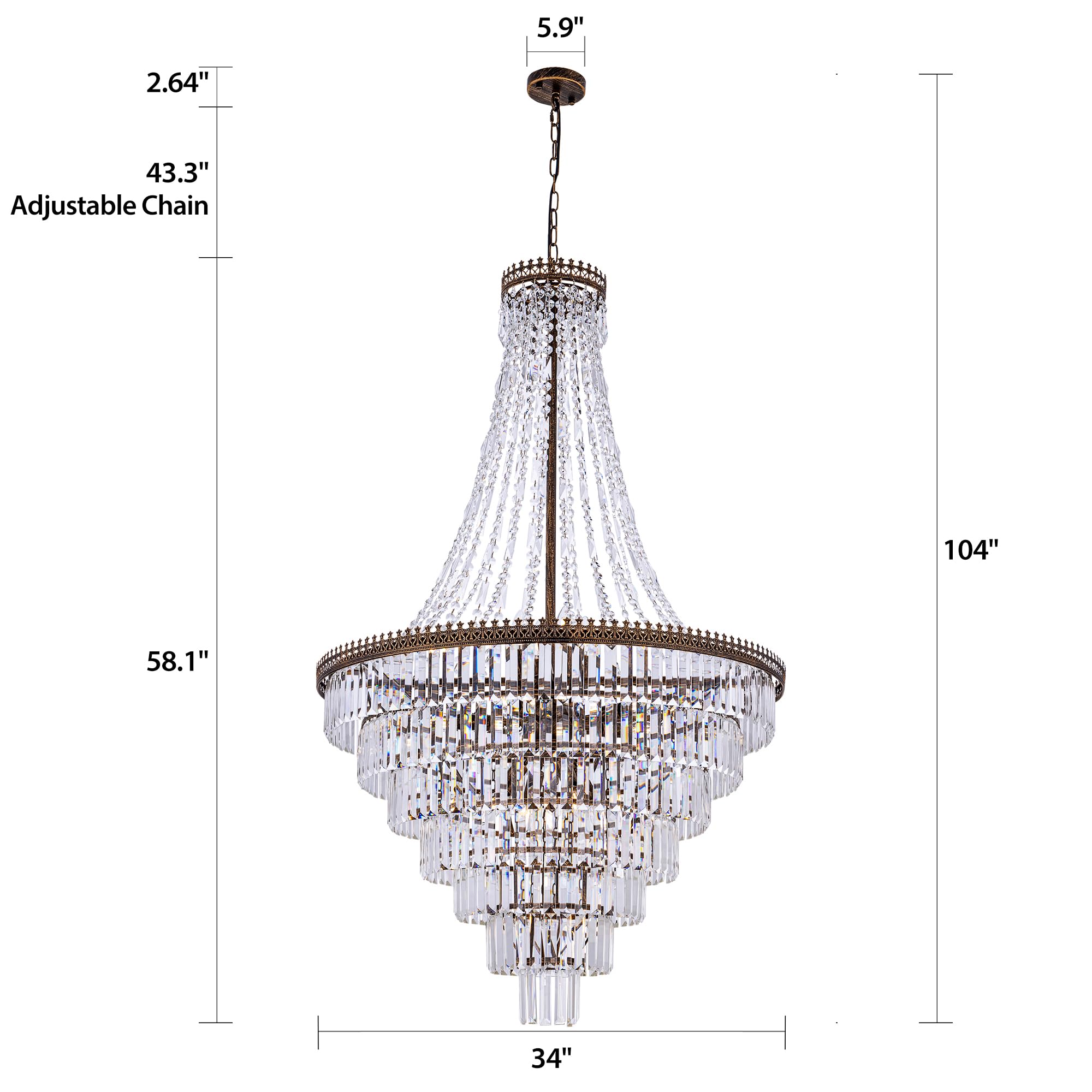 French Empire Crystal Chandelier Modern Farmhouse Chandelier Ceiling Light for Foyer Entryway High Ceiling, Vintage Antique Bronze Chandelier Light Fixture for Dining Living Room 34" W x 58" H