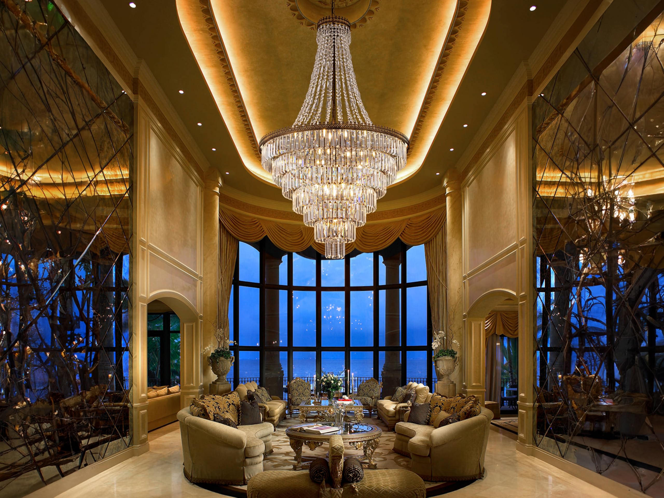 French Empire Crystal Chandelier Modern Farmhouse Chandelier Ceiling Light for Foyer Entryway High Ceiling, Vintage Antique Bronze Chandelier Light Fixture for Dining Living Room 34" W x 58" H