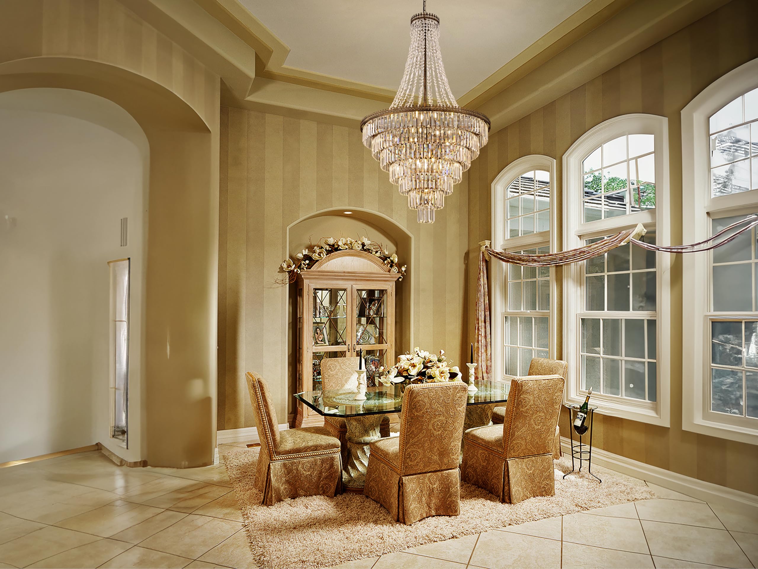 French Empire Crystal Chandelier Modern Farmhouse Chandelier Ceiling Light for Foyer Entryway High Ceiling, Vintage Antique Bronze Chandelier Light Fixture for Dining Living Room 34" W x 58" H