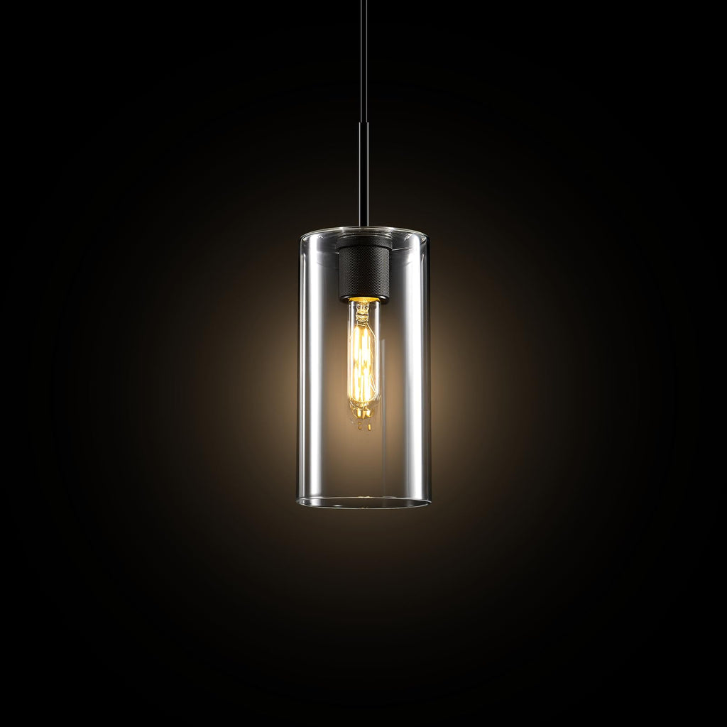 Modern Black Glass Pendant Light: Seeded Clear Glass Pendant Light over Kitchen Island - Minimalist Brass Hanging Lights with Short Tube - Height Adjustable Pendants Lighting Fixture for Dining Room
