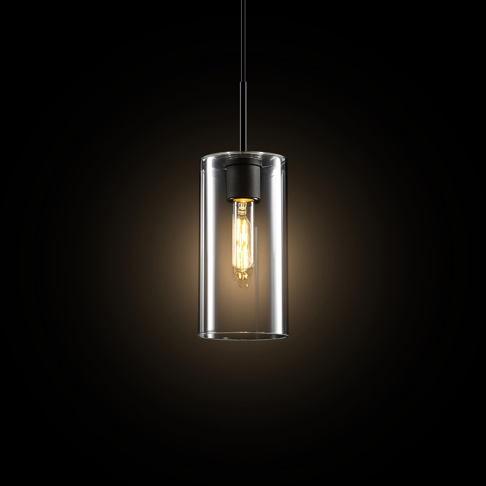 Modern Black Glass Pendant Light: Seeded Clear Glass Pendant Light over Kitchen Island - Minimalist Brass Hanging Lights with Short Tube - Height Adjustable Pendants Lighting Fixture for Dining Room