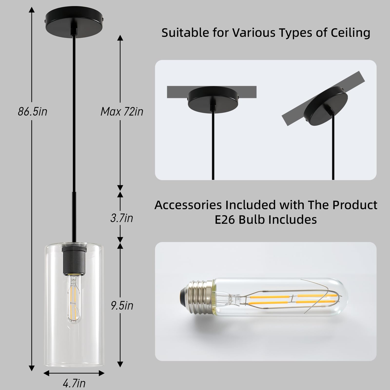 Modern Black Glass Pendant Light: Seeded Clear Glass Pendant Light over Kitchen Island - Minimalist Brass Hanging Lights with Short Tube - Height Adjustable Pendants Lighting Fixture for Dining Room