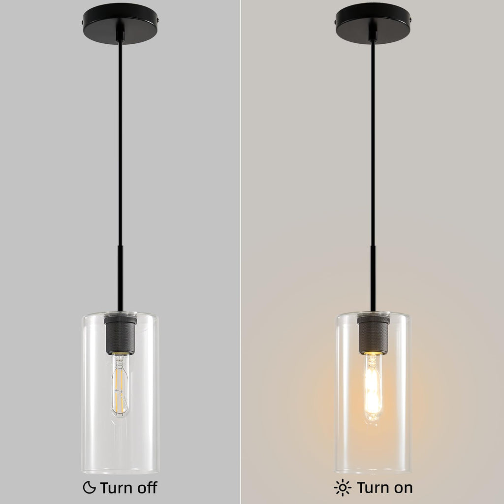 Modern Black Glass Pendant Light: Seeded Clear Glass Pendant Light over Kitchen Island - Minimalist Brass Hanging Lights with Short Tube - Height Adjustable Pendants Lighting Fixture for Dining Room