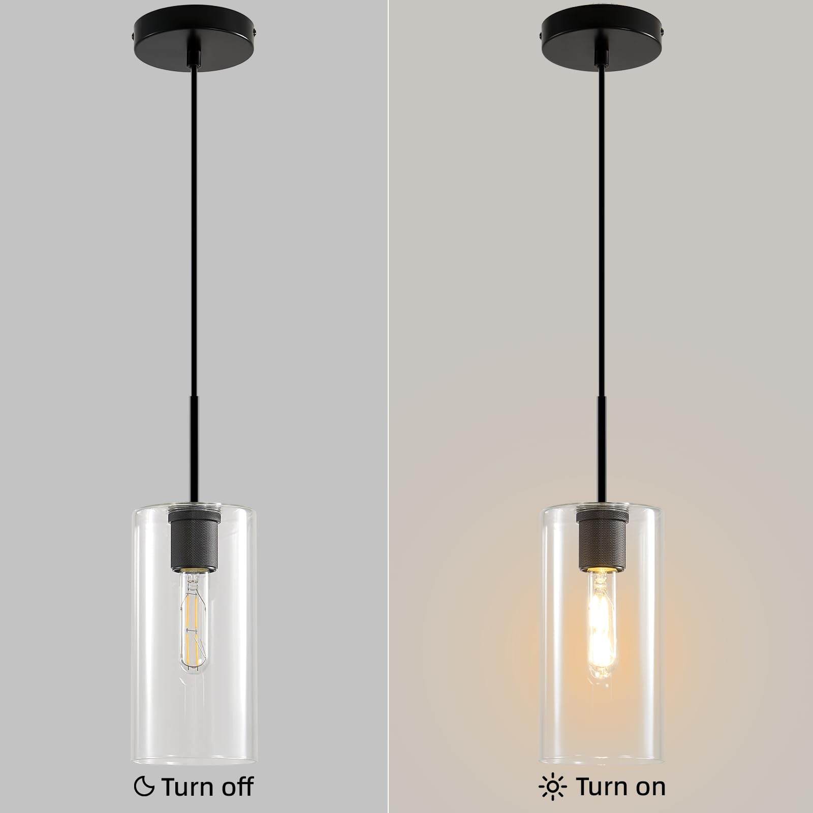 Modern Black Glass Pendant Light: Seeded Clear Glass Pendant Light over Kitchen Island - Minimalist Brass Hanging Lights with Short Tube - Height Adjustable Pendants Lighting Fixture for Dining Room