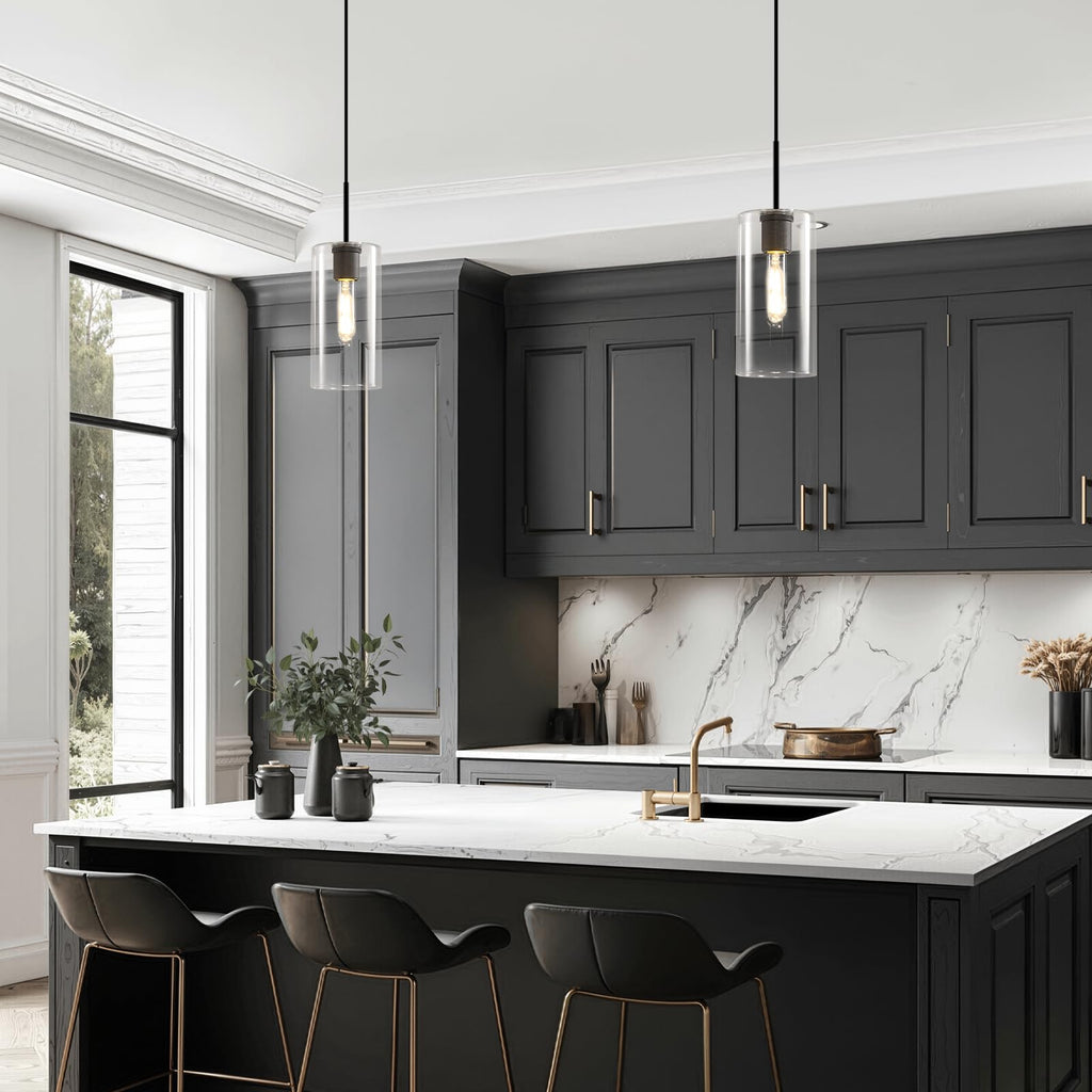 Modern Black Glass Pendant Light: Seeded Clear Glass Pendant Light over Kitchen Island - Minimalist Brass Hanging Lights with Short Tube - Height Adjustable Pendants Lighting Fixture for Dining Room