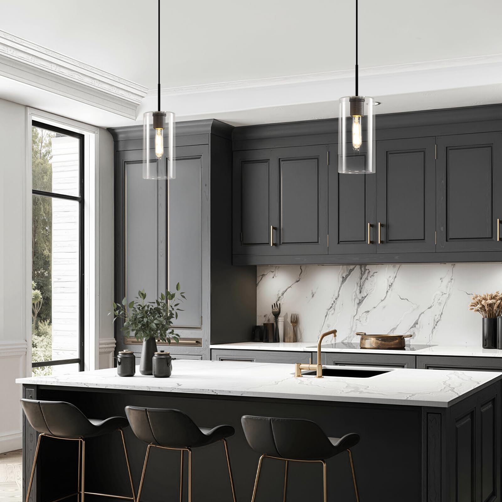 Modern Black Glass Pendant Light: Seeded Clear Glass Pendant Light over Kitchen Island - Minimalist Brass Hanging Lights with Short Tube - Height Adjustable Pendants Lighting Fixture for Dining Room