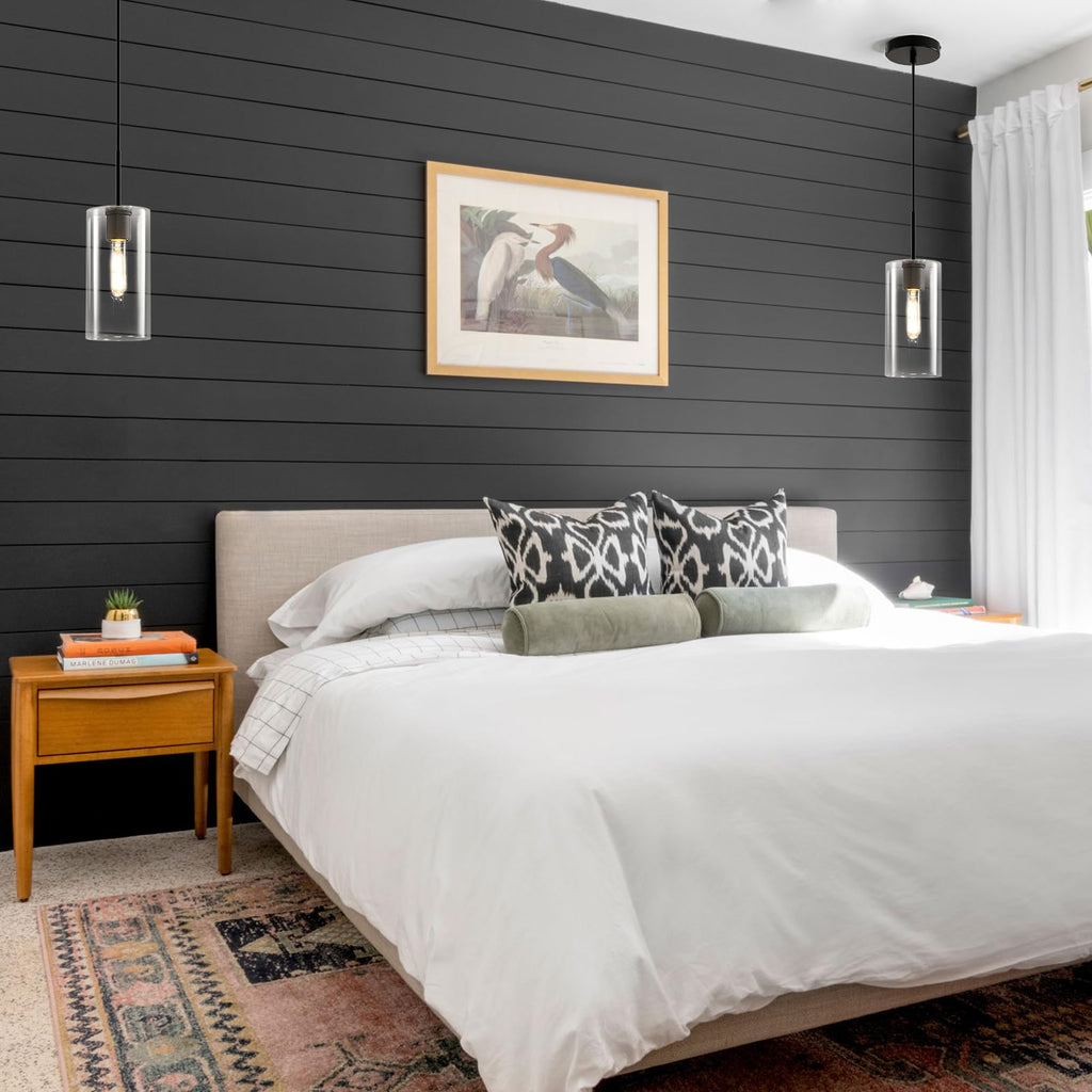 Modern Black Glass Pendant Light: Seeded Clear Glass Pendant Light over Kitchen Island - Minimalist Brass Hanging Lights with Short Tube - Height Adjustable Pendants Lighting Fixture for Dining Room