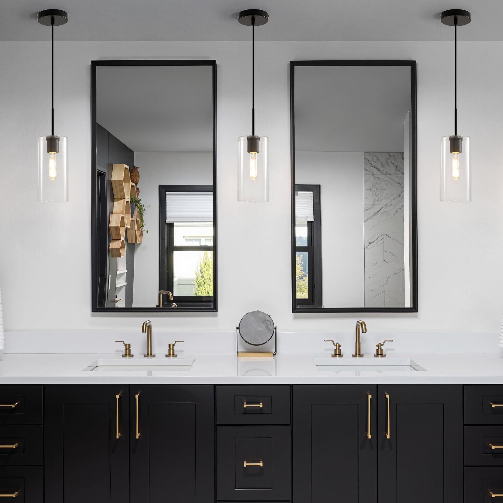 Modern Black Glass Pendant Light: Seeded Clear Glass Pendant Light over Kitchen Island - Minimalist Brass Hanging Lights with Short Tube - Height Adjustable Pendants Lighting Fixture for Dining Room