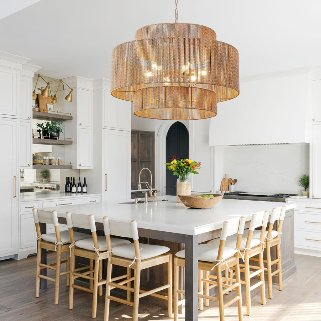 30.7in Large Rattan Chandeliers, 3-Tier Woven Boho Pendant Lights, Hemp Rope Hanging Ceiling Light, Wicker Lighting Fixture for Living Room, Dining Room, Bedroom, Kitchen Island