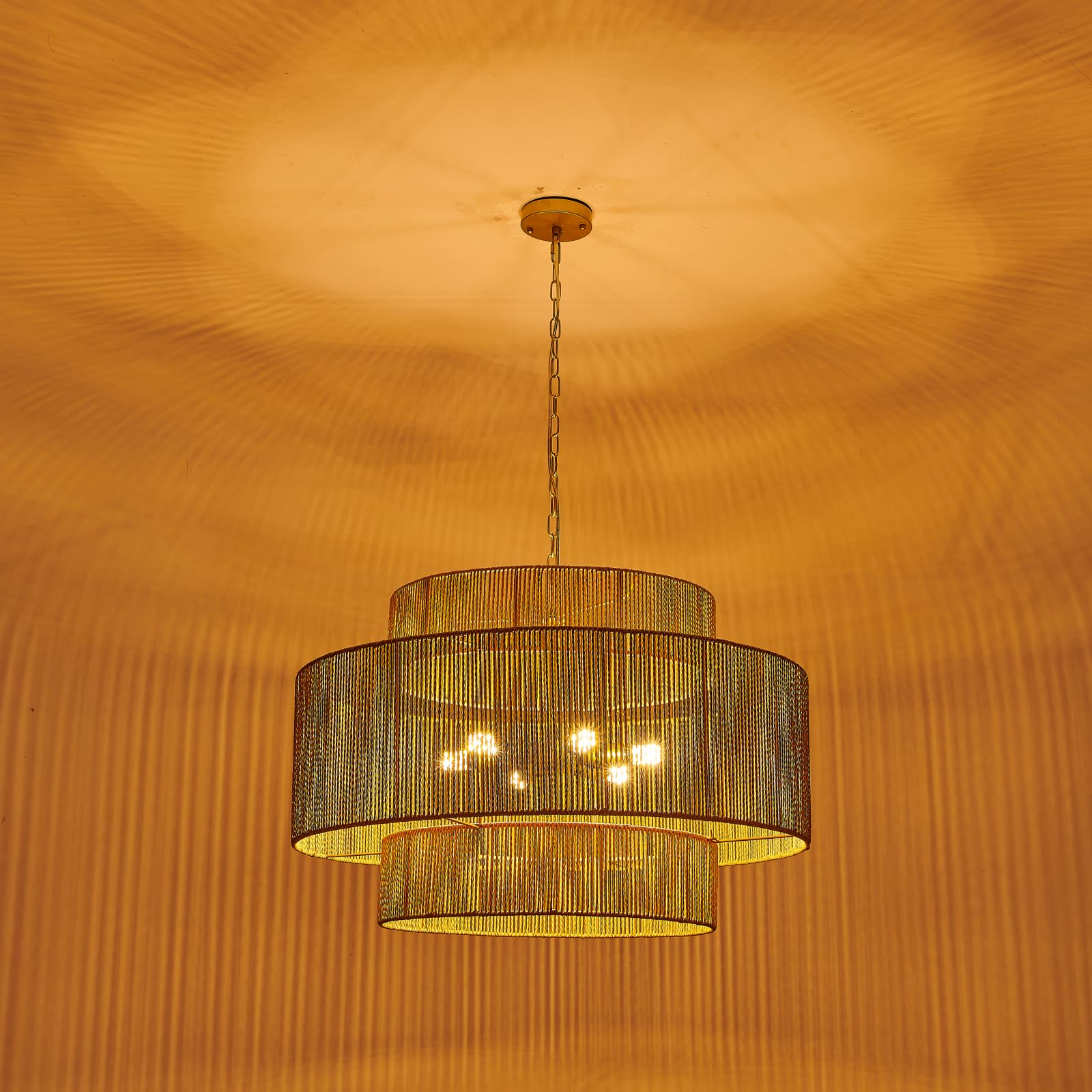 30.7in Large Rattan Chandeliers, 3-Tier Woven Boho Pendant Lights, Hemp Rope Hanging Ceiling Light, Wicker Lighting Fixture for Living Room, Dining Room, Bedroom, Kitchen Island