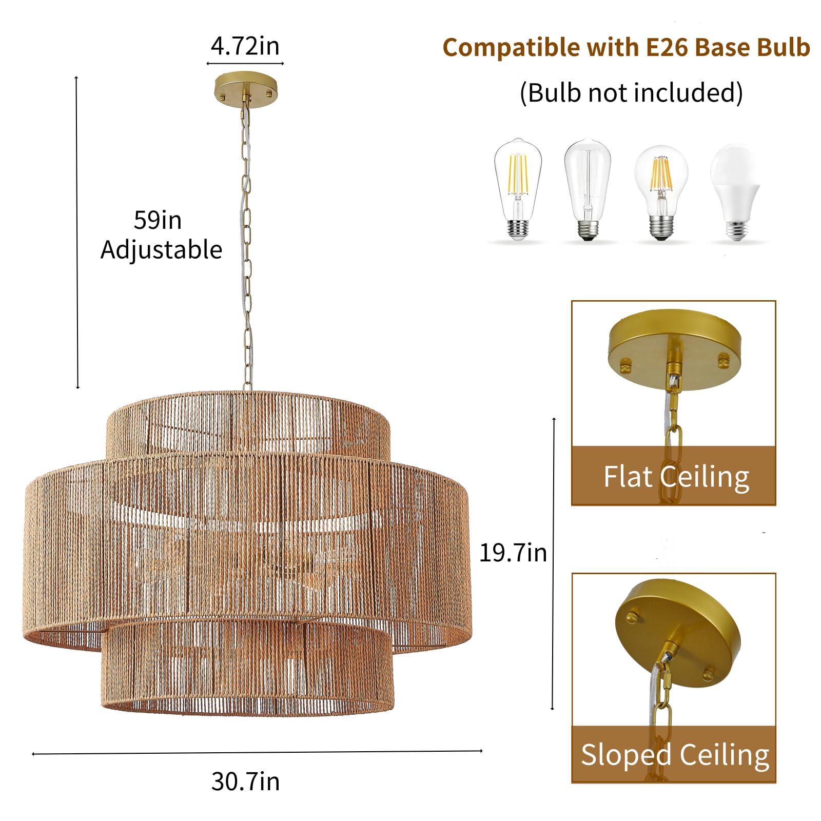 30.7in Large Rattan Chandeliers, 3-Tier Woven Boho Pendant Lights, Hemp Rope Hanging Ceiling Light, Wicker Lighting Fixture for Living Room, Dining Room, Bedroom, Kitchen Island