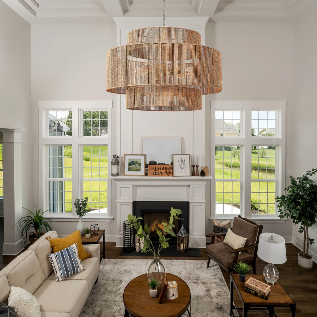 30.7in Large Rattan Chandeliers, 3-Tier Woven Boho Pendant Lights, Hemp Rope Hanging Ceiling Light, Wicker Lighting Fixture for Living Room, Dining Room, Bedroom, Kitchen Island