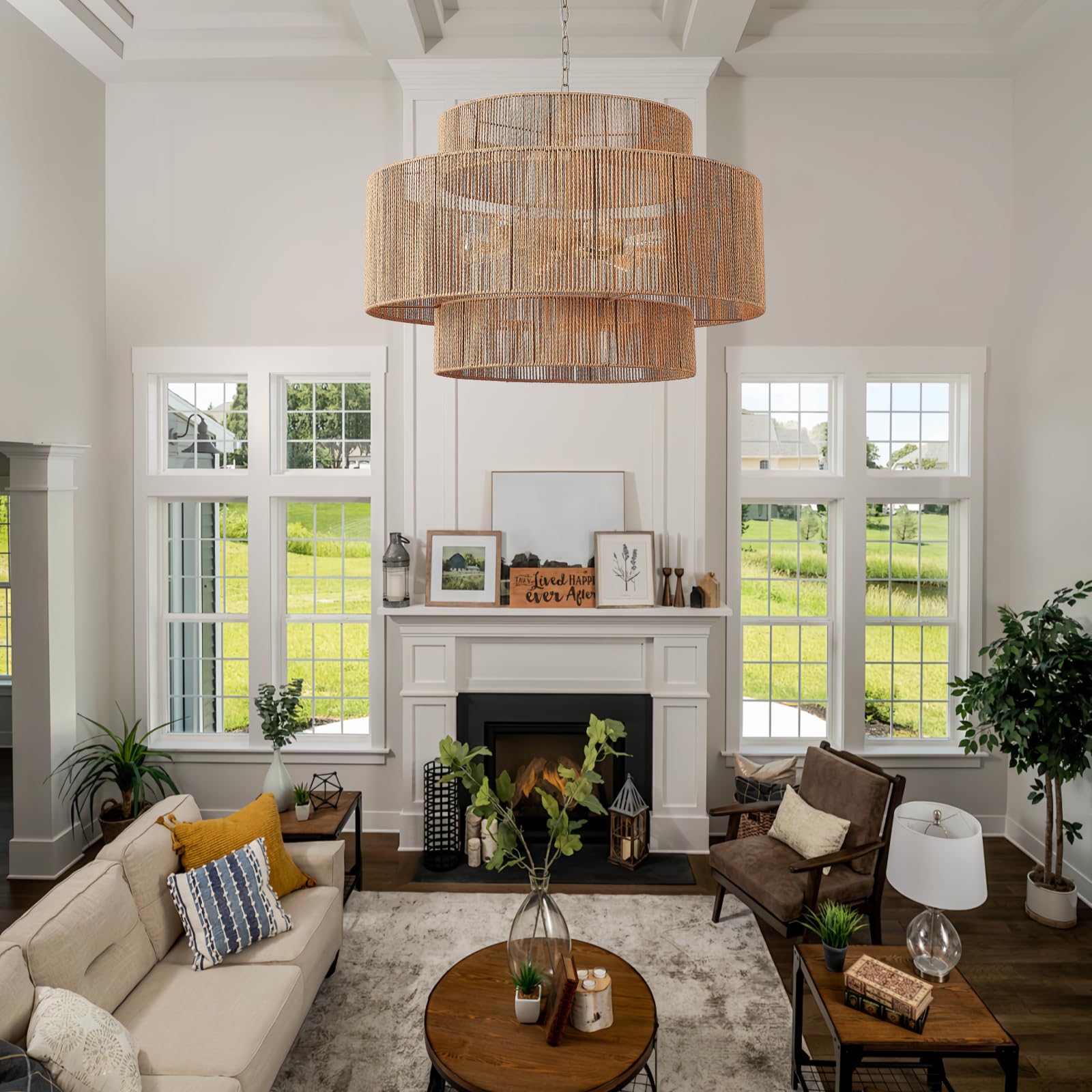 30.7in Large Rattan Chandeliers, 3-Tier Woven Boho Pendant Lights, Hemp Rope Hanging Ceiling Light, Wicker Lighting Fixture for Living Room, Dining Room, Bedroom, Kitchen Island