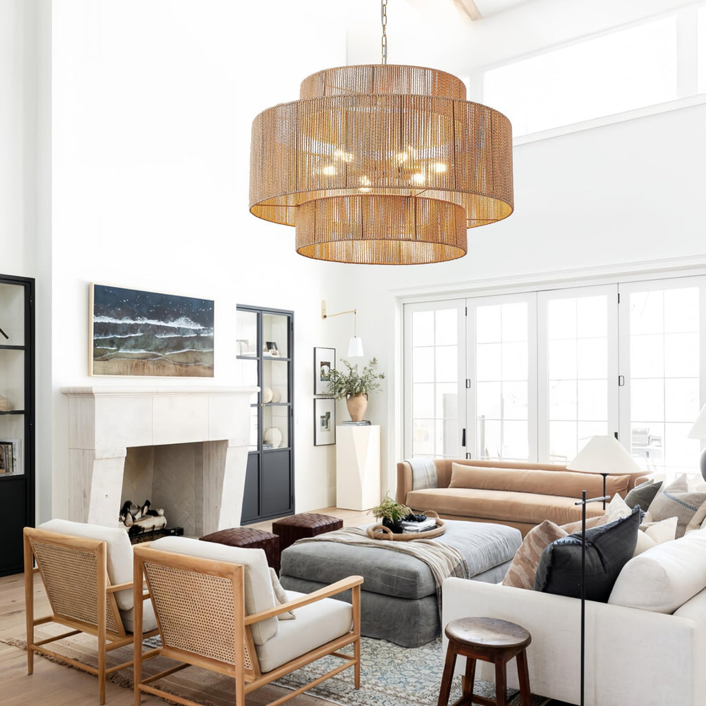 30.7in Large Rattan Chandeliers, 3-Tier Woven Boho Pendant Lights, Hemp Rope Hanging Ceiling Light, Wicker Lighting Fixture for Living Room, Dining Room, Bedroom, Kitchen Island