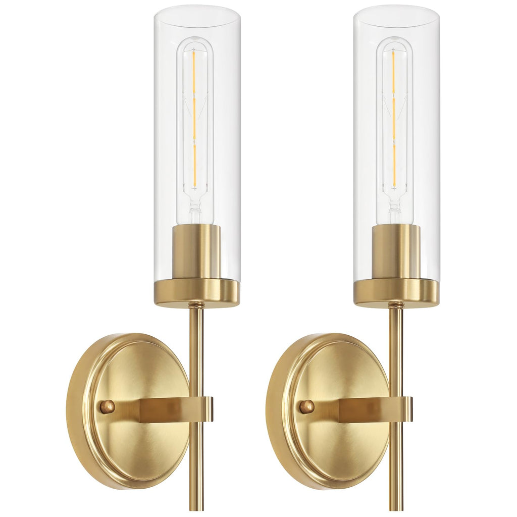 Gold Wall Sconces, Modern Bathroom Vanity Light Fixtures, Sconces Wall Decor Set of 2, Wall Lamps with Clear Glass, Indoor Wall Lights for Bedroom Living Room Hallway