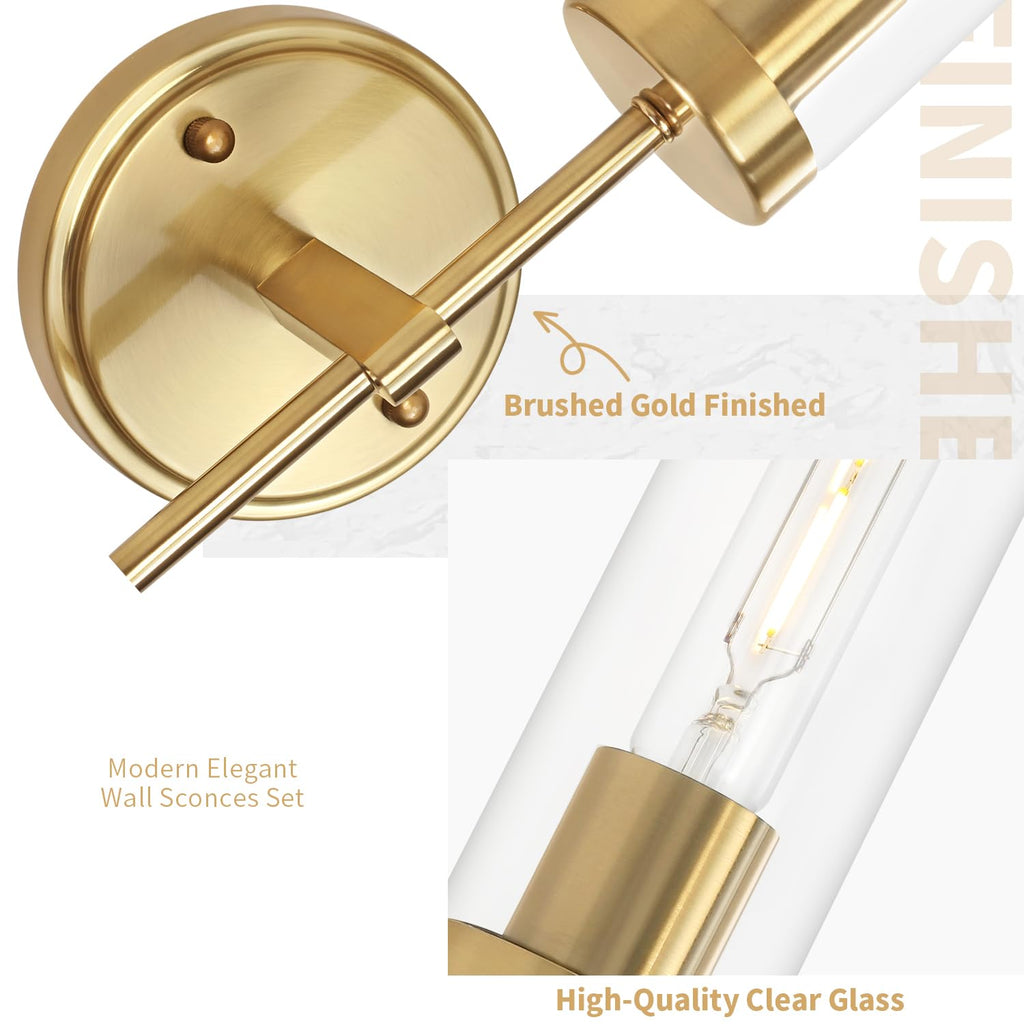 Gold Wall Sconces, Modern Bathroom Vanity Light Fixtures, Sconces Wall Decor Set of 2, Wall Lamps with Clear Glass, Indoor Wall Lights for Bedroom Living Room Hallway