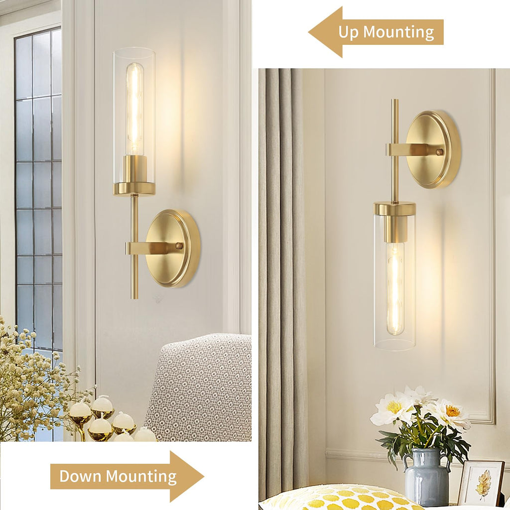 Gold Wall Sconces, Modern Bathroom Vanity Light Fixtures, Sconces Wall Decor Set of 2, Wall Lamps with Clear Glass, Indoor Wall Lights for Bedroom Living Room Hallway