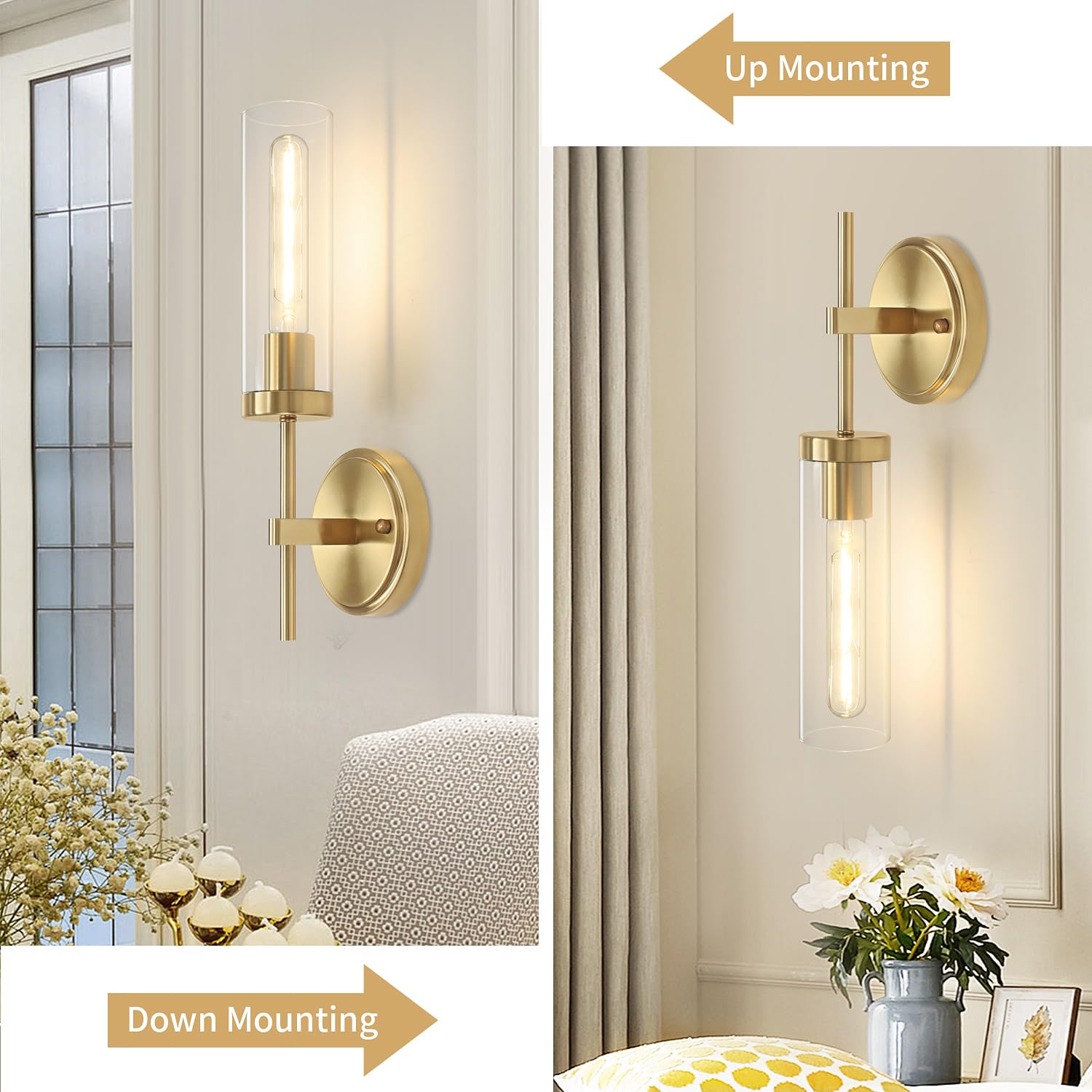 Gold Wall Sconces, Modern Bathroom Vanity Light Fixtures, Sconces Wall Decor Set of 2, Wall Lamps with Clear Glass, Indoor Wall Lights for Bedroom Living Room Hallway