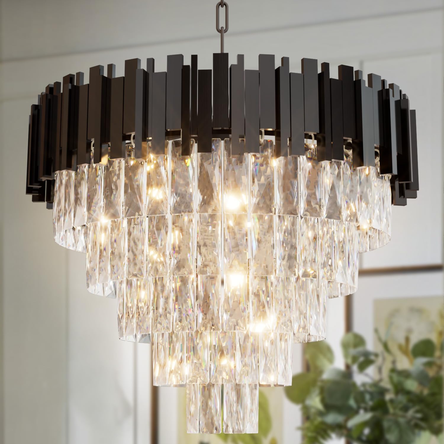 Luxury Crystal Chandelier 11-Tier 32" Modern Black Pendant Light Grand K9 Crystal Ceiling Fixture for High Ceiling Foyer Staircase Entryway Living Room