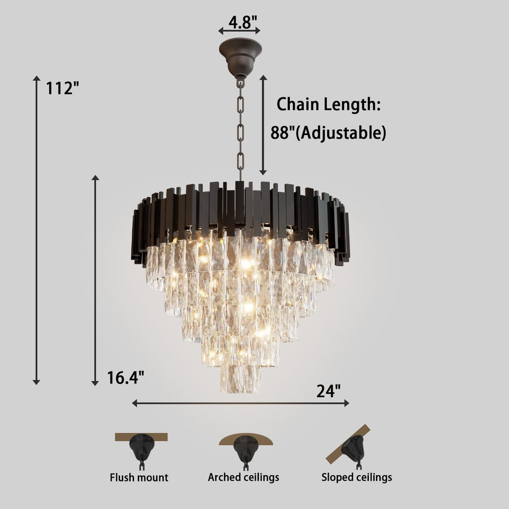 Luxury Crystal Chandelier 11-Tier 32" Modern Black Pendant Light Grand K9 Crystal Ceiling Fixture for High Ceiling Foyer Staircase Entryway Living Room