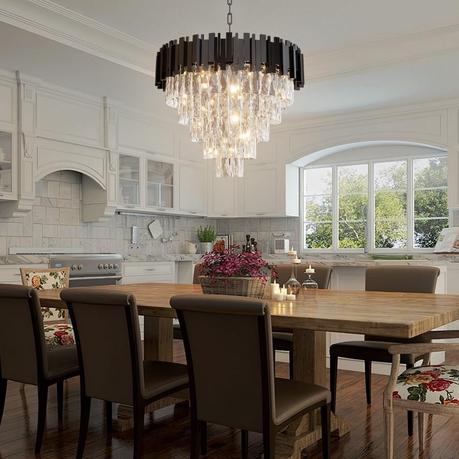 Luxury Crystal Chandelier 11-Tier 32" Modern Black Pendant Light Grand K9 Crystal Ceiling Fixture for High Ceiling Foyer Staircase Entryway Living Room