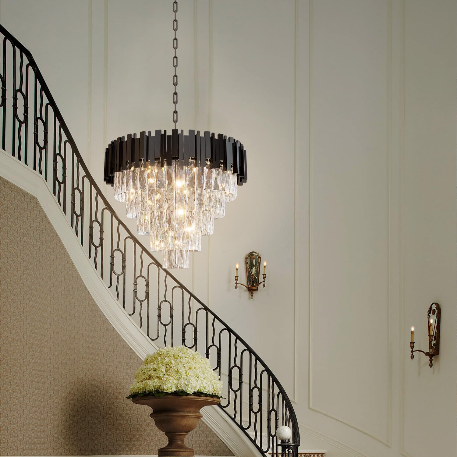 Luxury Crystal Chandelier 11-Tier 32" Modern Black Pendant Light Grand K9 Crystal Ceiling Fixture for High Ceiling Foyer Staircase Entryway Living Room