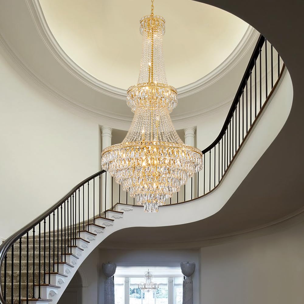 26-Light Large High Ceiling Chandelier, Gold Modern Crystal Chandeliers Luxury Foyer Entrance Chandeliers for Staircase Villa Lobby Hallway Entryway, K9 Crystal Raindrop Light Fixture H63” x W31”