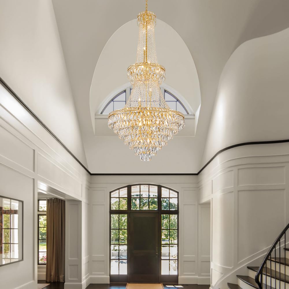 26-Light Large High Ceiling Chandelier, Gold Modern Crystal Chandeliers Luxury Foyer Entrance Chandeliers for Staircase Villa Lobby Hallway Entryway, K9 Crystal Raindrop Light Fixture H63” x W31”