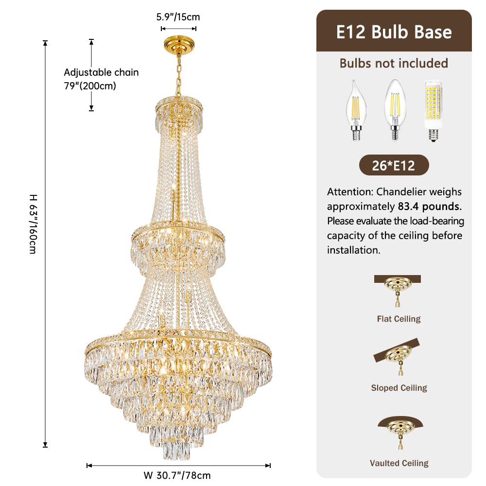 26-Light Large High Ceiling Chandelier, Gold Modern Crystal Chandeliers Luxury Foyer Entrance Chandeliers for Staircase Villa Lobby Hallway Entryway, K9 Crystal Raindrop Light Fixture H63” x W31”