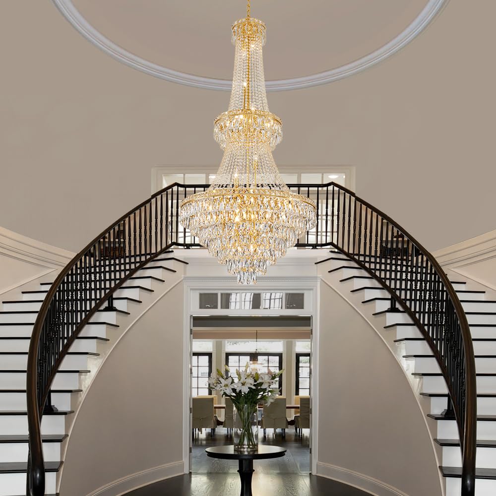 26-Light Large High Ceiling Chandelier, Gold Modern Crystal Chandeliers Luxury Foyer Entrance Chandeliers for Staircase Villa Lobby Hallway Entryway, K9 Crystal Raindrop Light Fixture H63” x W31”