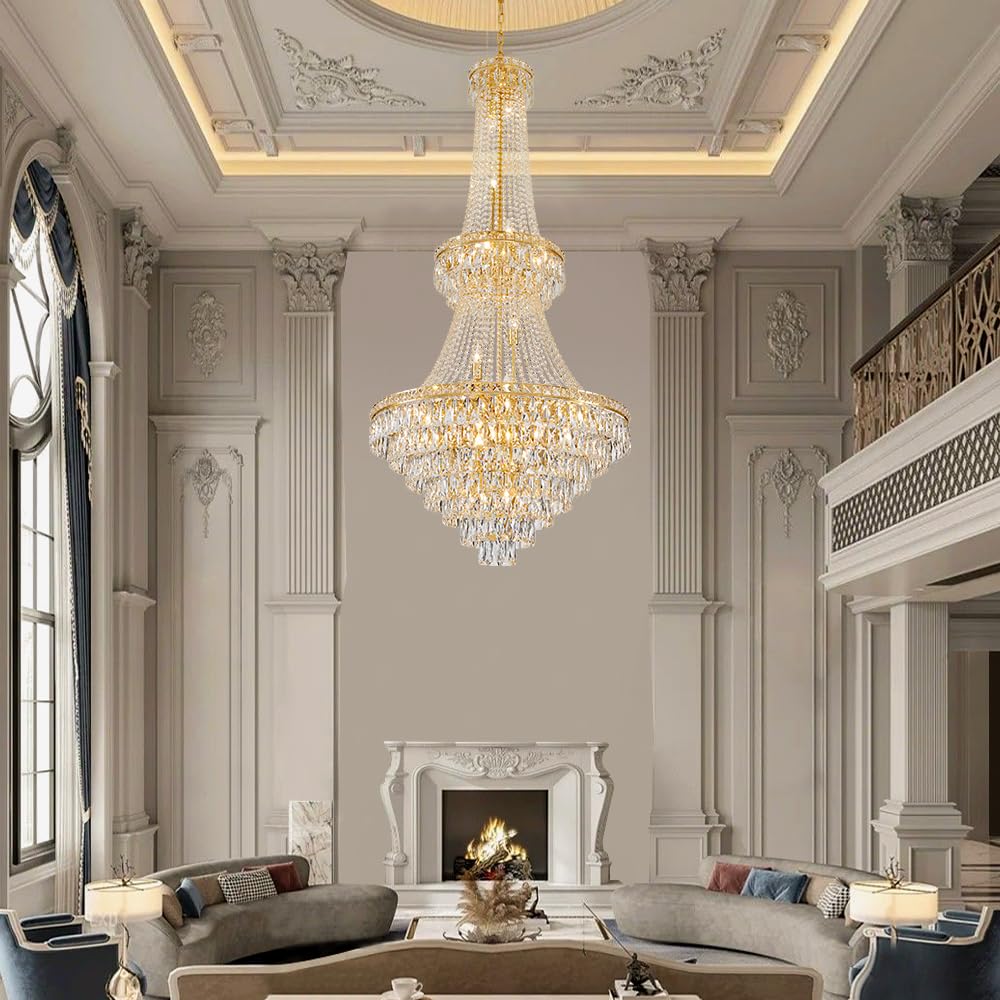 26-Light Large High Ceiling Chandelier, Gold Modern Crystal Chandeliers Luxury Foyer Entrance Chandeliers for Staircase Villa Lobby Hallway Entryway, K9 Crystal Raindrop Light Fixture H63” x W31”