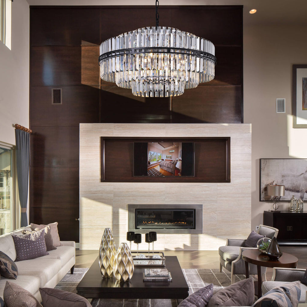 Black Crystal Chandelier 6-Light Modern Round Chandelier, 3 Tiers Crystal Large Ceiling Light Fixture for Dining Living Room, Bedroom, Bathroom, Kitchen, Entryway, 26"