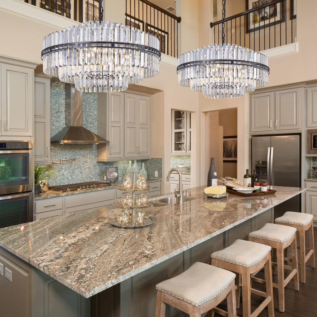 Black Crystal Chandelier 6-Light Modern Round Chandelier, 3 Tiers Crystal Large Ceiling Light Fixture for Dining Living Room, Bedroom, Bathroom, Kitchen, Entryway, 26"