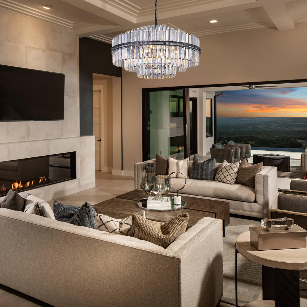 Black Crystal Chandelier 6-Light Modern Round Chandelier, 3 Tiers Crystal Large Ceiling Light Fixture for Dining Living Room, Bedroom, Bathroom, Kitchen, Entryway, 26"