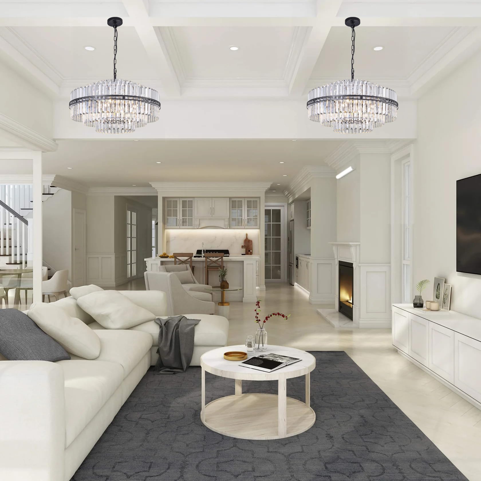 Black Crystal Chandelier 6-Light Modern Round Chandelier, 3 Tiers Crystal Large Ceiling Light Fixture for Dining Living Room, Bedroom, Bathroom, Kitchen, Entryway, 26"