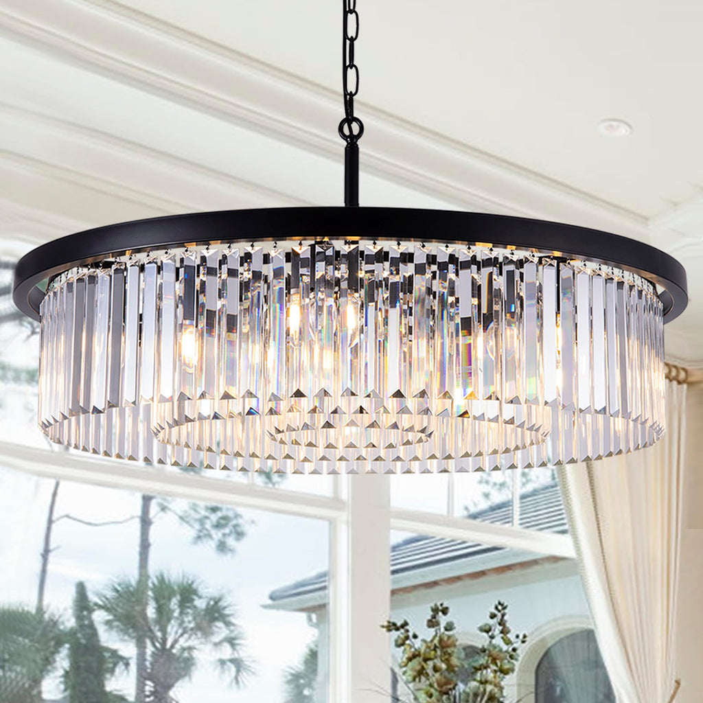 Crystal Chandeliers for Dining Room,9 Lights Modern Black Crystal Pendant Light,Farmhouse Chandelier for Bedroom,Ceiling Lighting Fixture for Kitchen Island,Living Room,Hallway,W-33.46”