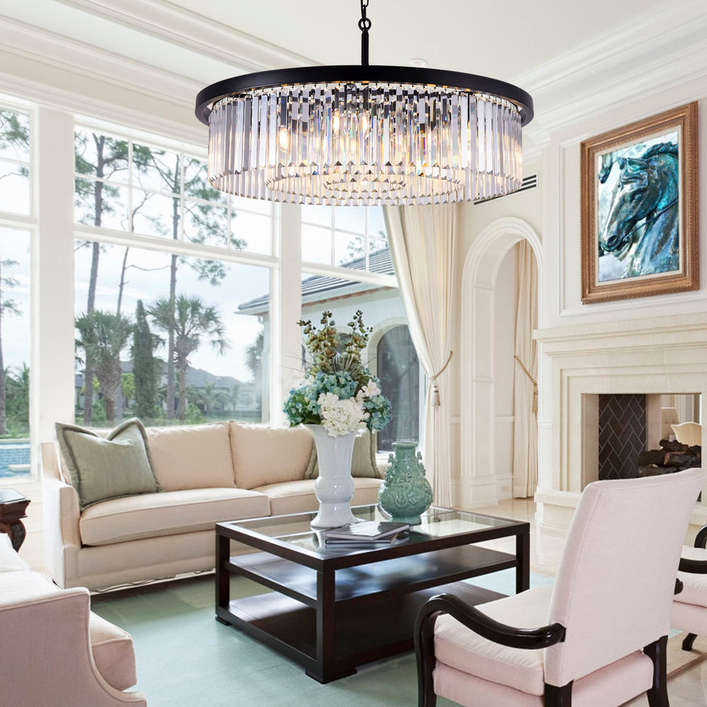 Crystal Chandeliers for Dining Room,9 Lights Modern Black Crystal Pendant Light,Farmhouse Chandelier for Bedroom,Ceiling Lighting Fixture for Kitchen Island,Living Room,Hallway,W-33.46”