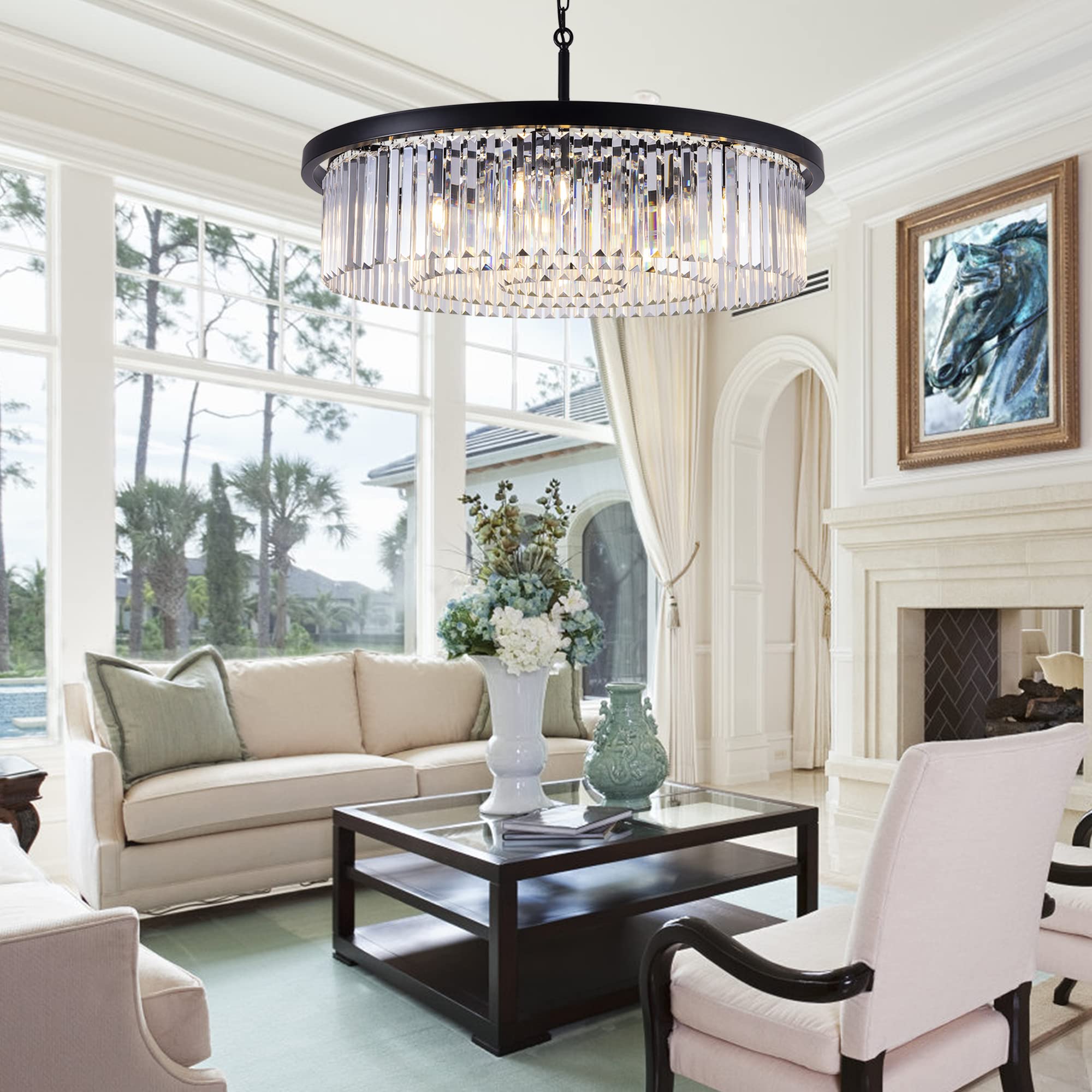 Crystal Chandeliers for Dining Room,9 Lights Modern Black Crystal Pendant Light,Farmhouse Chandelier for Bedroom,Ceiling Lighting Fixture for Kitchen Island,Living Room,Hallway,W-33.46”