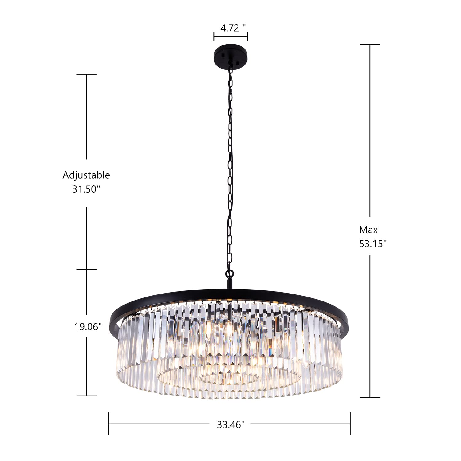 Crystal Chandeliers for Dining Room,9 Lights Modern Black Crystal Pendant Light,Farmhouse Chandelier for Bedroom,Ceiling Lighting Fixture for Kitchen Island,Living Room,Hallway,W-33.46”