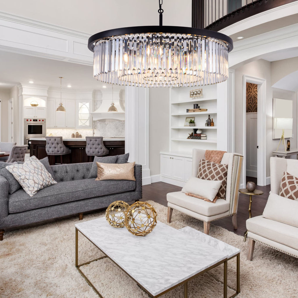 Crystal Chandeliers for Dining Room,9 Lights Modern Black Crystal Pendant Light,Farmhouse Chandelier for Bedroom,Ceiling Lighting Fixture for Kitchen Island,Living Room,Hallway,W-33.46”